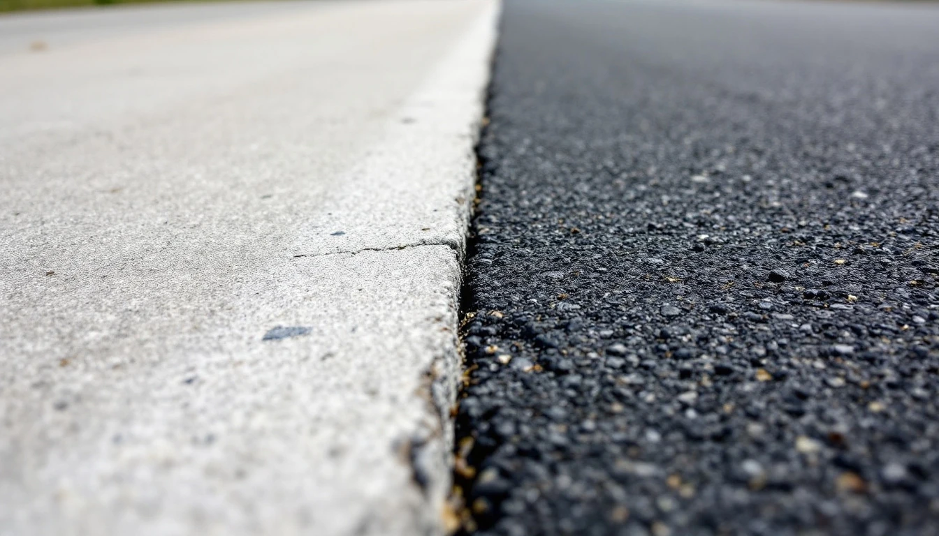 Pale weathered concrete meeting dark asphalt along a straight seam