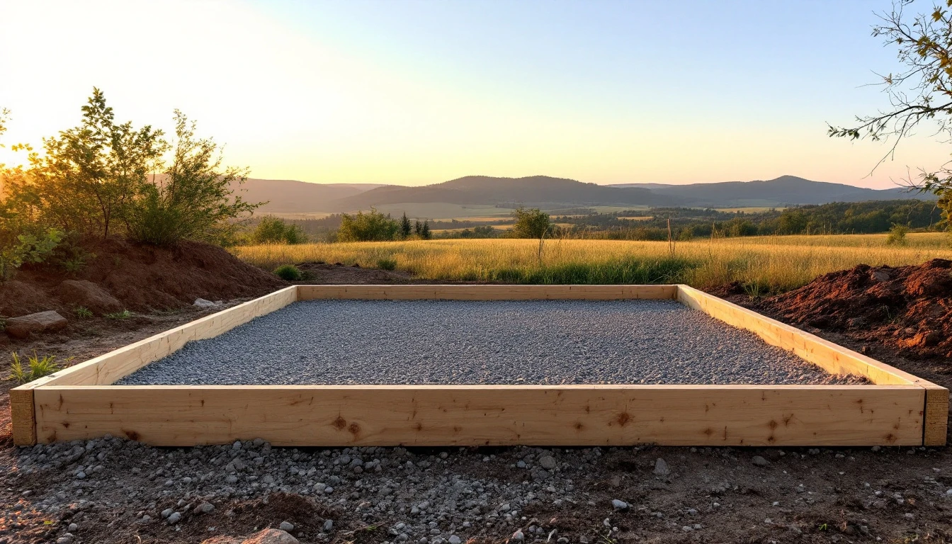 Partly formed gravel drive bed framed by wooden form boards
