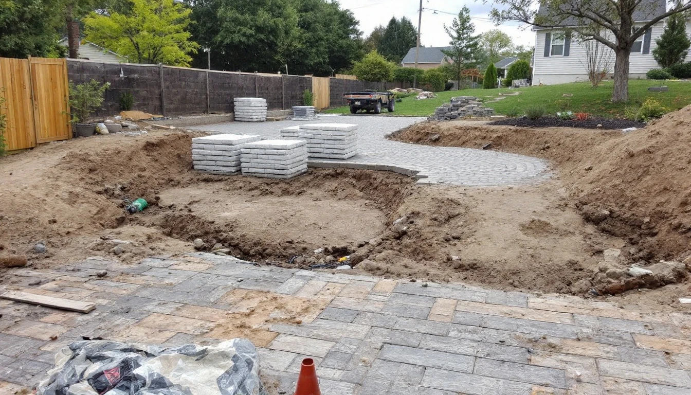 Partly laid paver drive with stacked bundles waiting on base