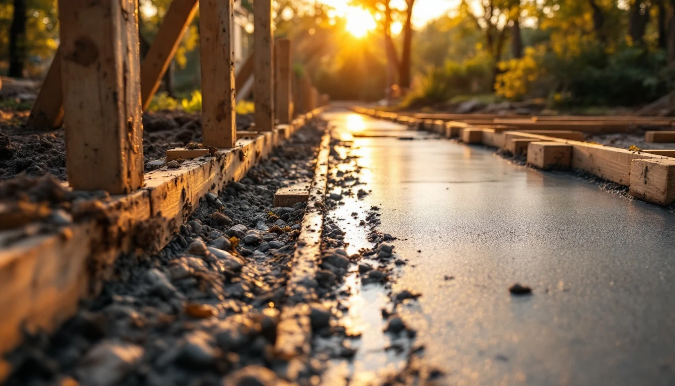 Partly poured concrete driveway between wooden forms in warm evening light