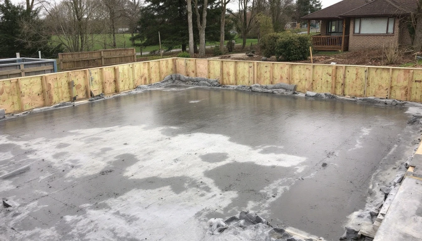 Partly poured concrete slab inside wooden forms awaiting completion