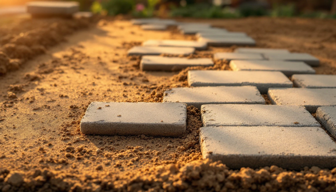 Pavers half laid over a screeded sand bed in warm light