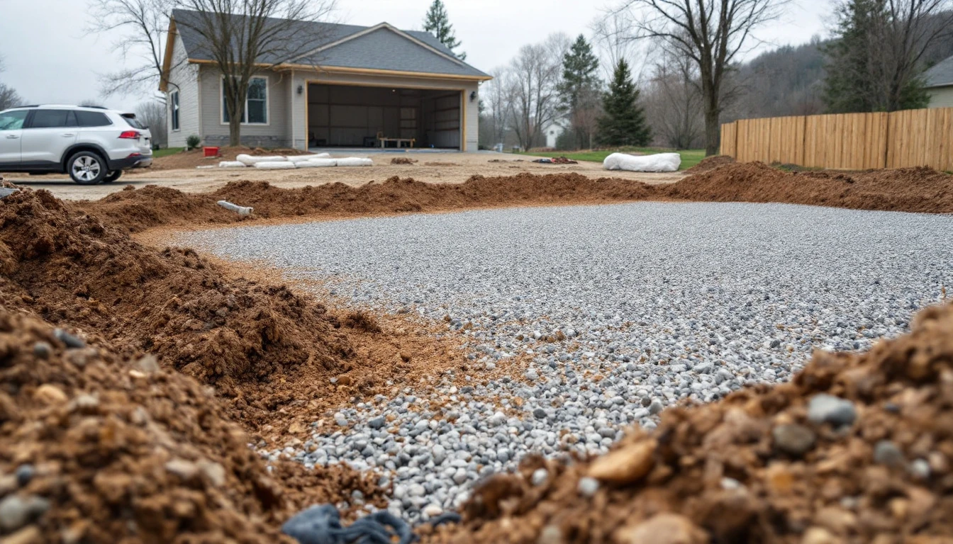Gravel base layer spread partway across a formed drive bed