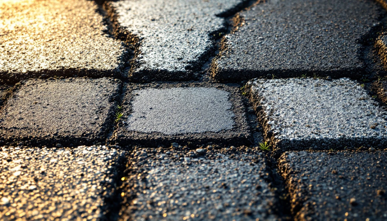 Several repair patches of different ages across weathered asphalt