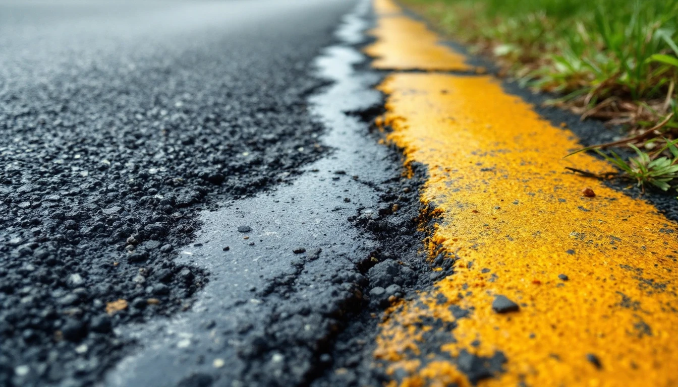 Patched section beside a crumbling worn asphalt surface