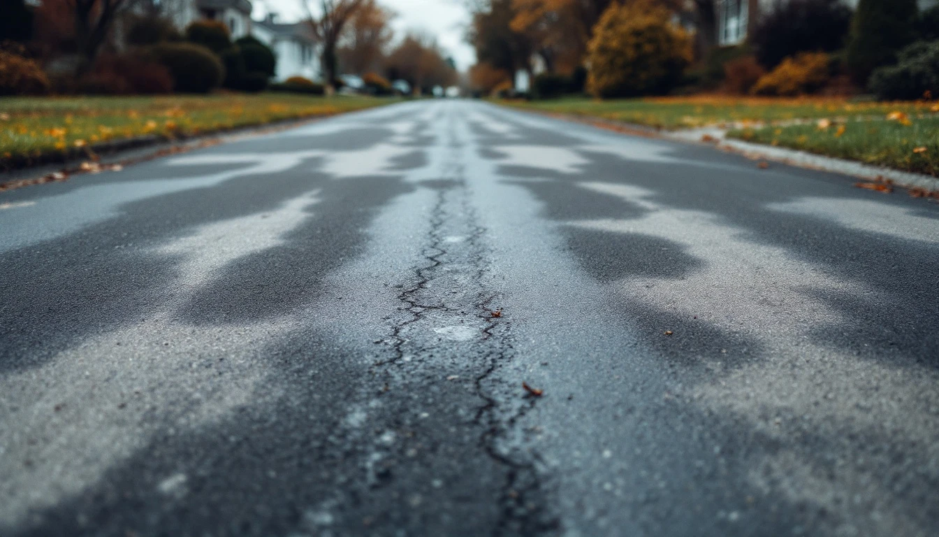 Weathered asphalt drive with darker patches along both tire paths