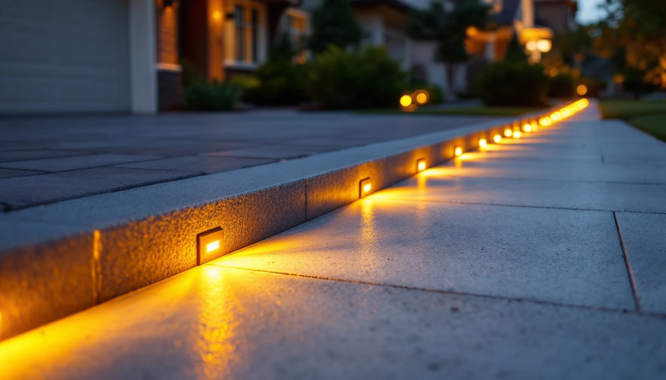 Low path lights glowing along a sealed concrete driveway at dusk