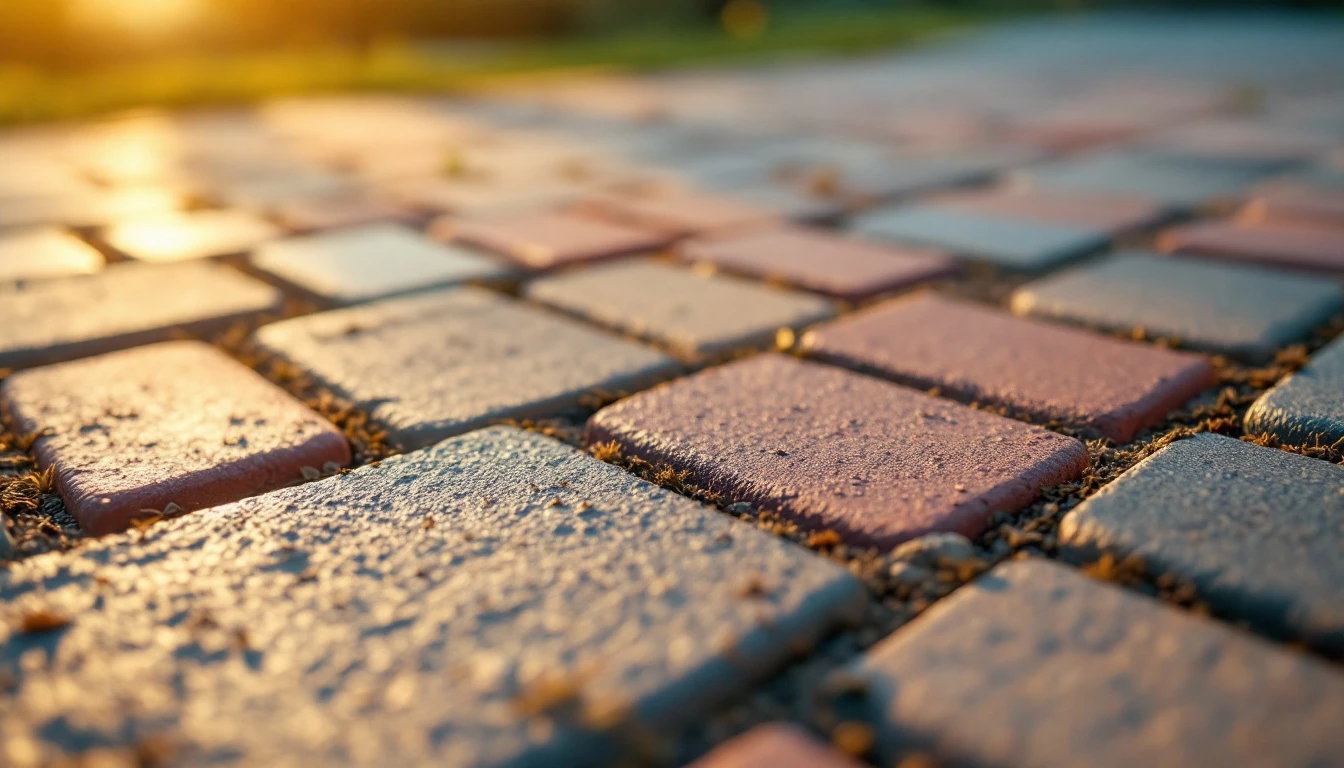 Decorative paver apron meeting a plain concrete surface up close