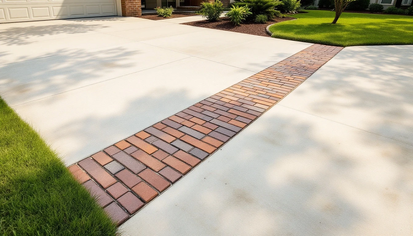 Band of brick pavers crossing a pale concrete drive