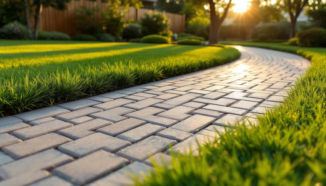 Smooth paver driveway beside a fenced grass side yard in warm light