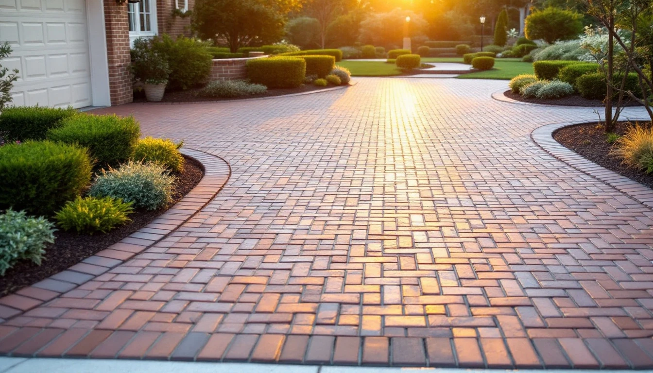 Paver driveway framed by planted beds and low green shrubs