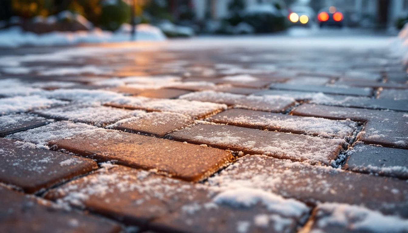 Interlocking paver drive with light snow dusting between joints