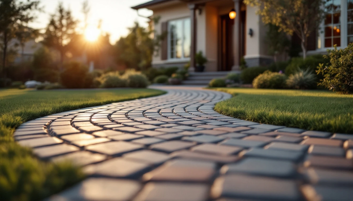 Pavers in a fan pattern curving toward a front entrance