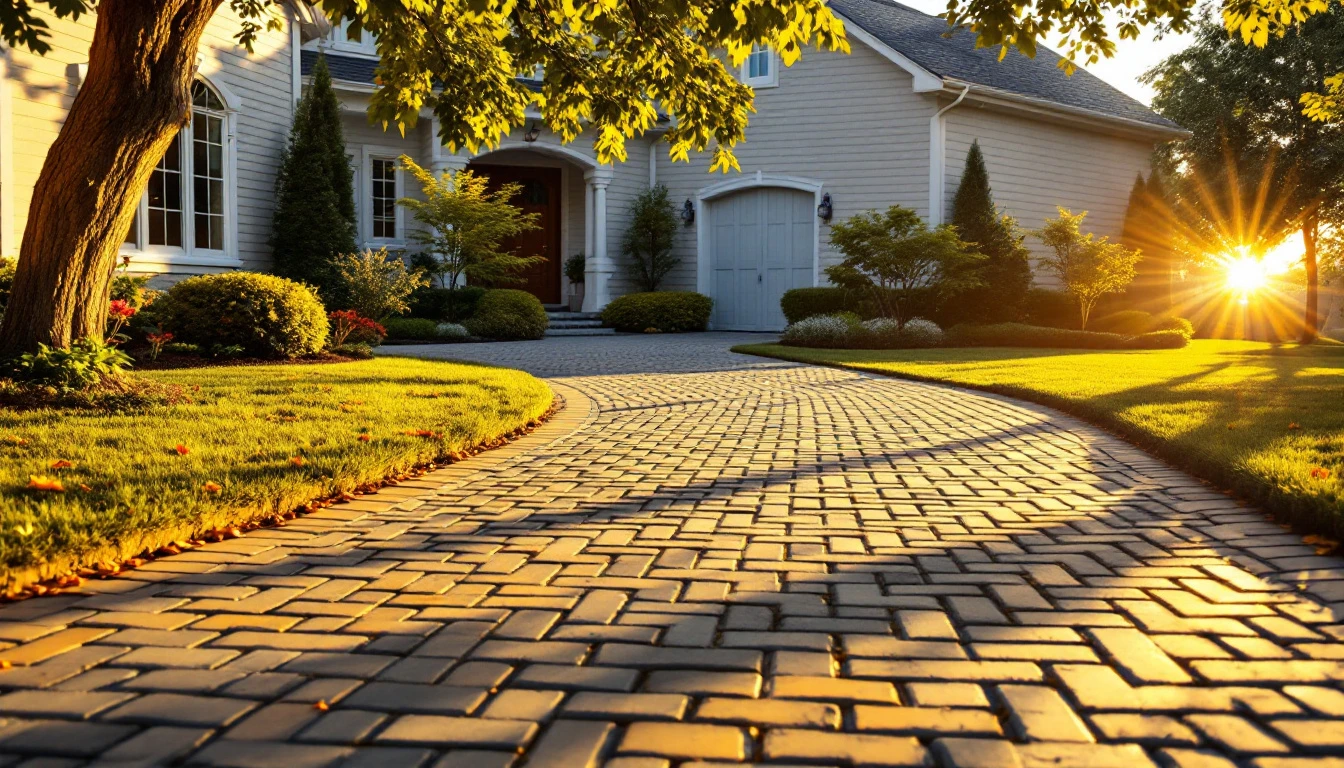Paver drive half in warm sun and half in cool shade