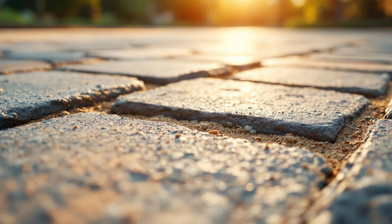 Sand filled joints between clay pavers under harsh midday sun