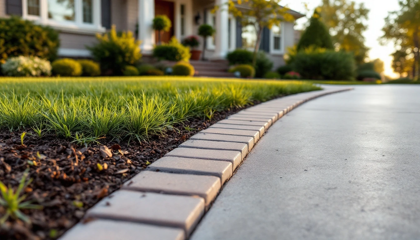 Paver patio edge meeting a concrete drive in warm evening light