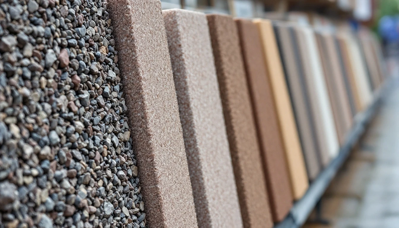 Rows of paver and aggregate sample boards in bright light