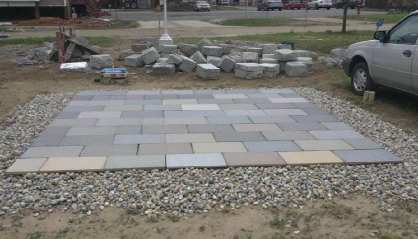 Assorted paver finish samples arranged on a flat gravel bed