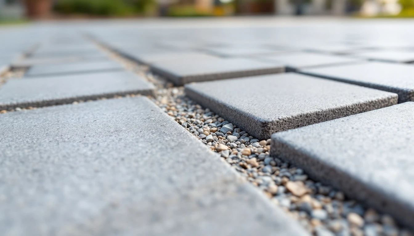 Paver strip meeting smooth broomed concrete along a clean joint