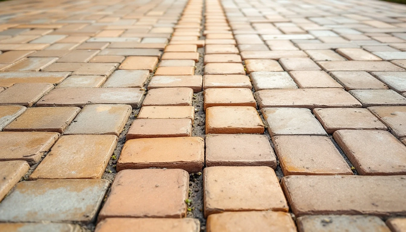 Paver walkway meeting a weathered concrete driveway at a clean joint