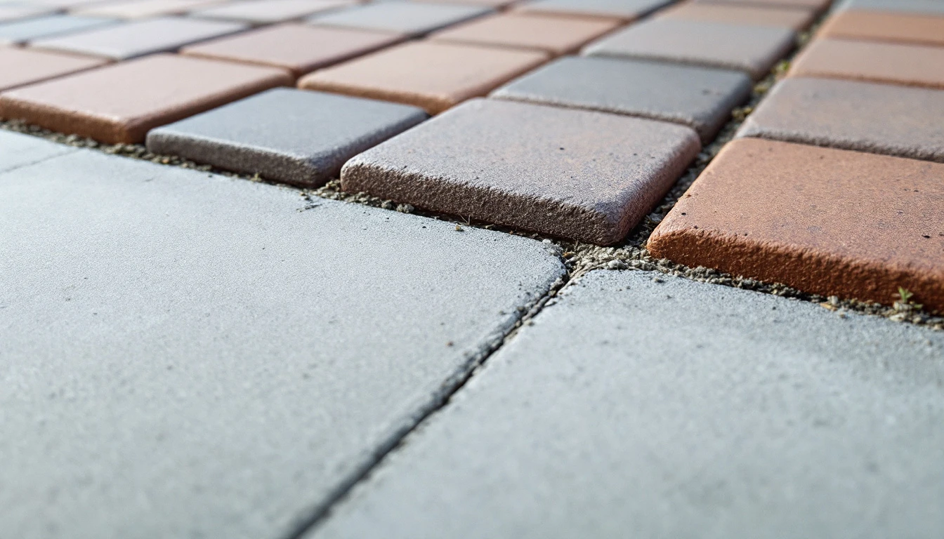 Clay pavers meeting a plain concrete slab along a straight joint