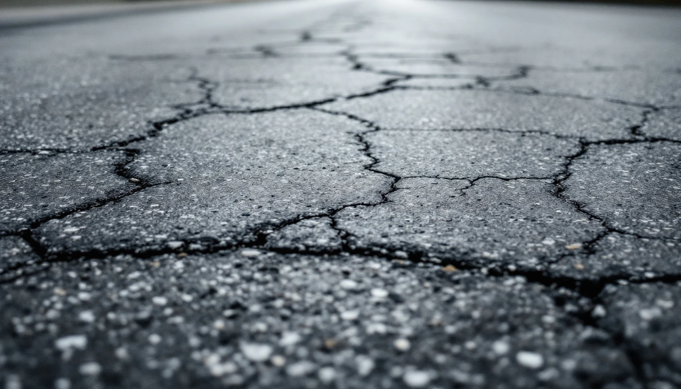 Worn peeling sealcoat with fine cracks across gray asphalt