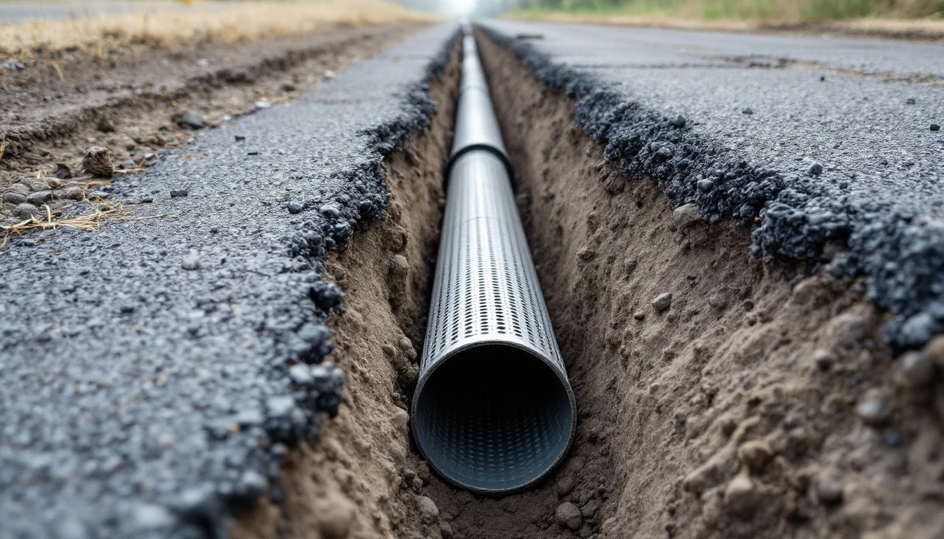 Perforated drain pipe laid in an open trench beside the pavement edge