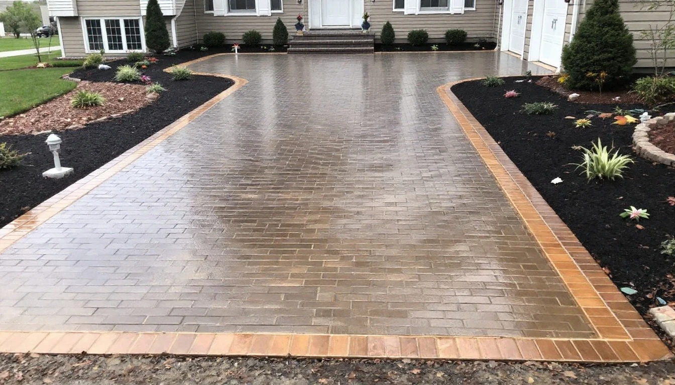 Permeable paver driveway with planted borders glistening after rain