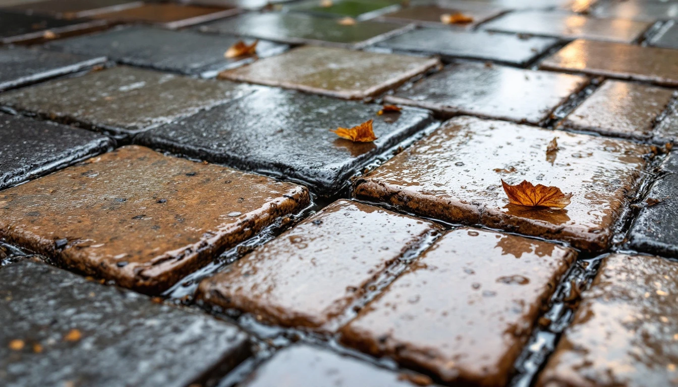 Open joint pavers beside a solid slab after rainfall
