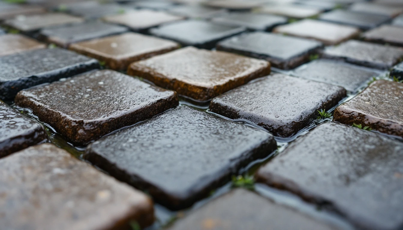 Permeable pavers draining rainwater through wide open joints