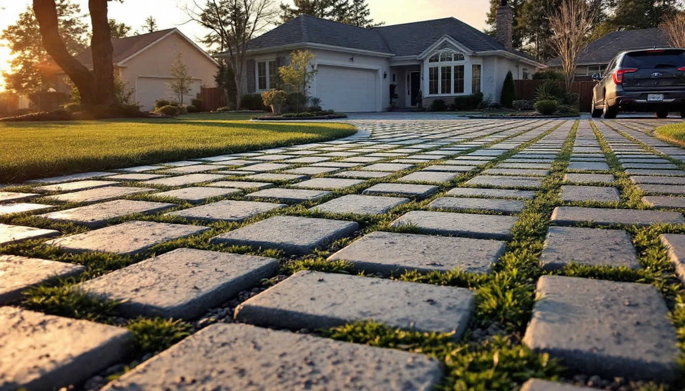 Permeable paver driveway with grass filled joints in warm light