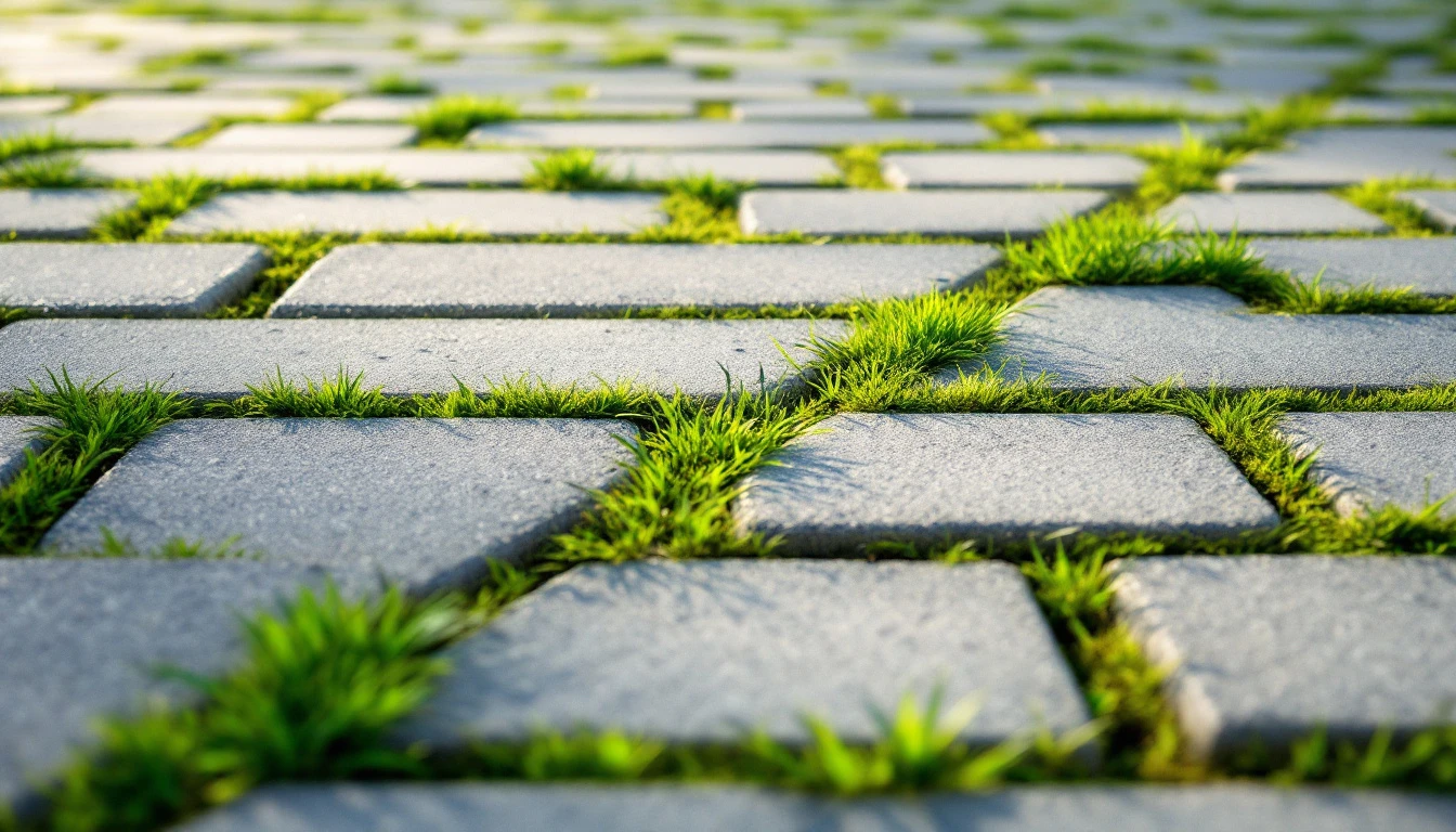 Permeable pavers with grass growing in the joint lines