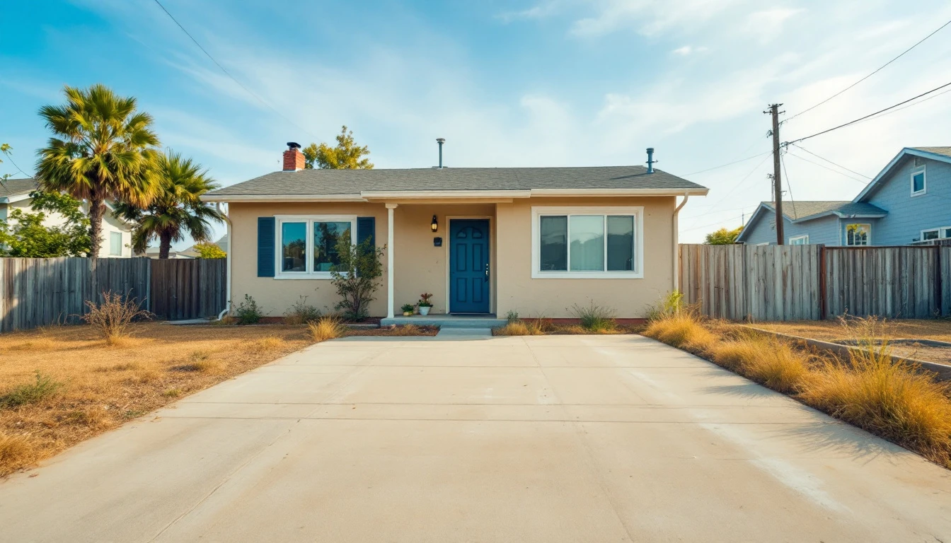 Plain concrete drive in front of a modest single story house