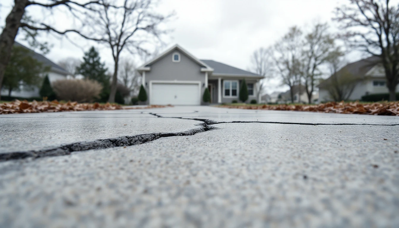 Hairline cracks crossing a plain concrete drive under gray sky