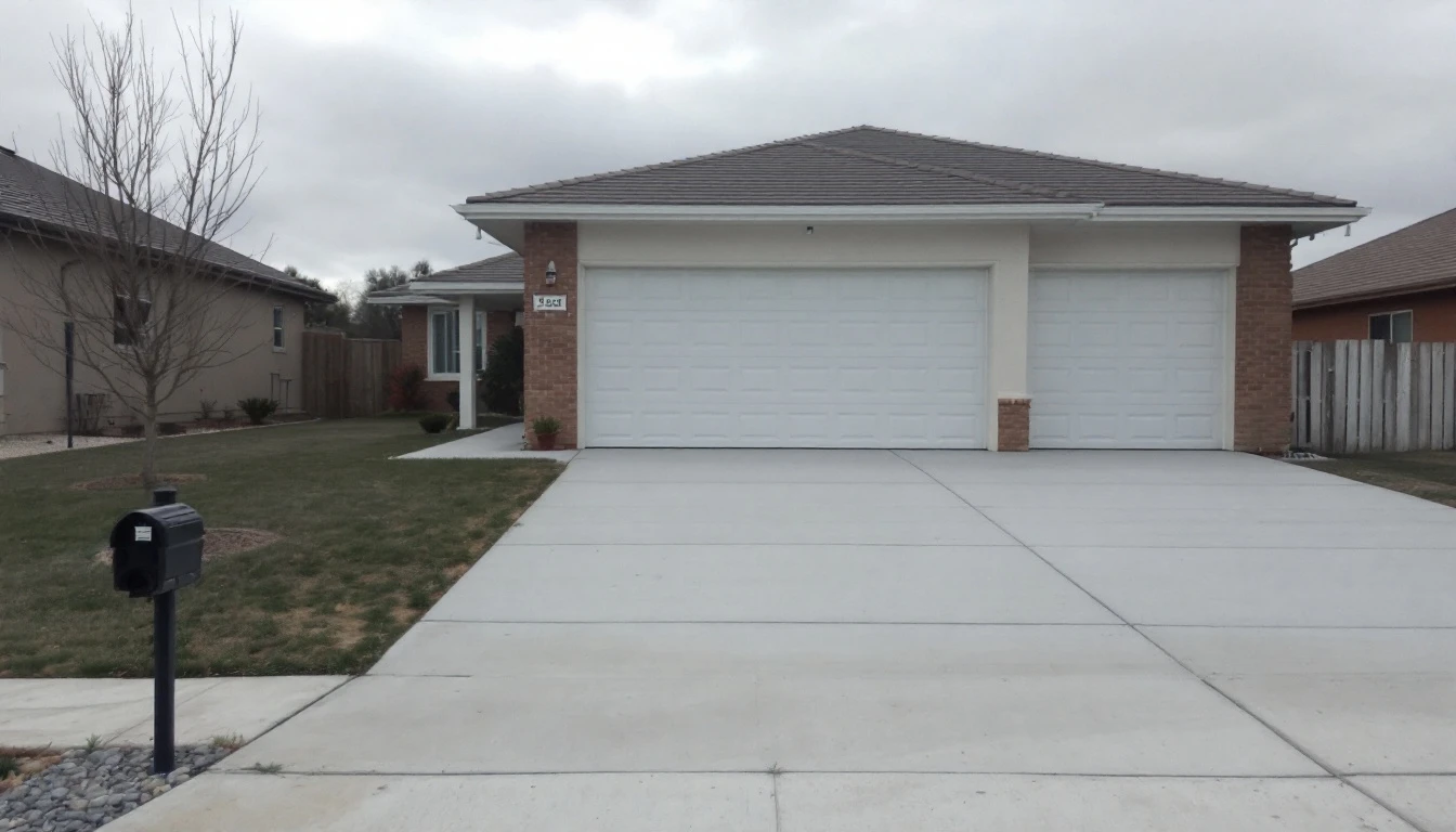 Plain new concrete drive under a flat overcast sky