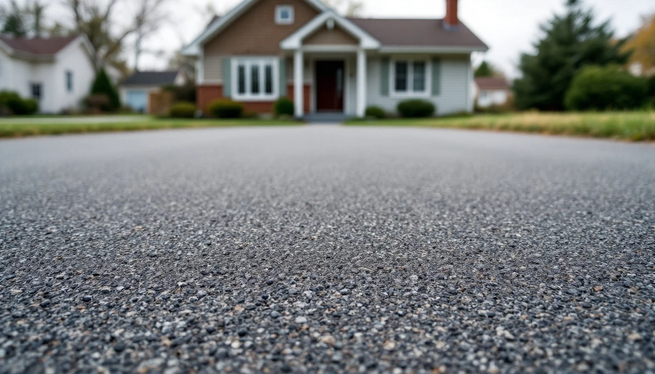 Plain weathered asphalt before a small house under cloudy sky