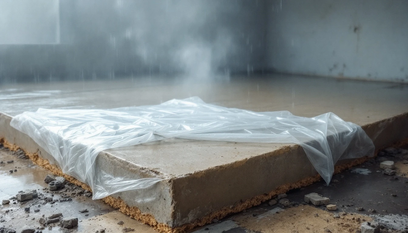 Plastic sheeting weighted over a fresh concrete slab in drizzle