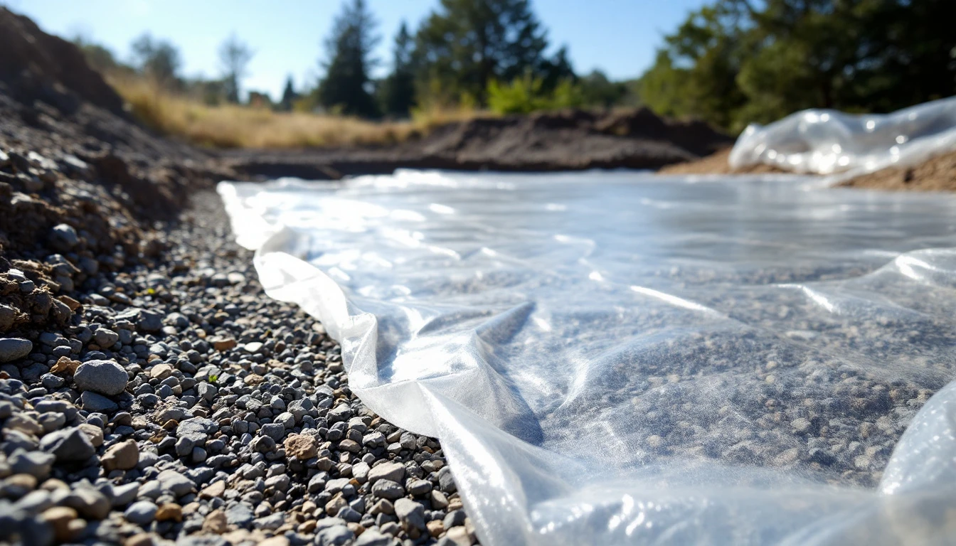 Clear polyethylene film spread across a compacted gravel base