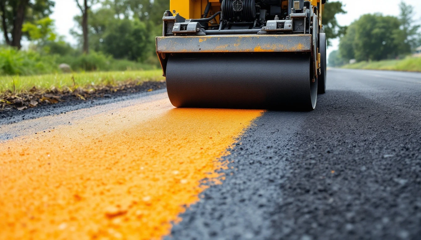 Plate compactor resting on a freshly spread hot asphalt mat