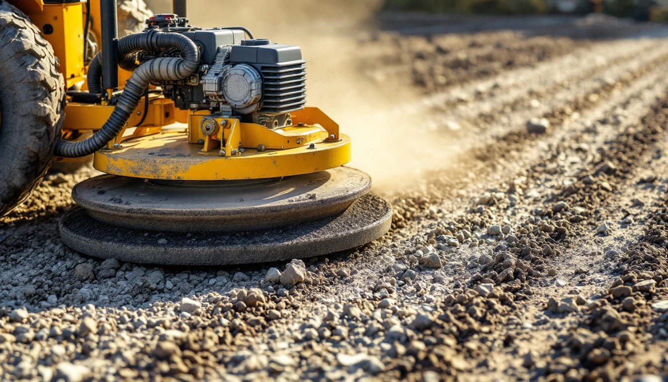 Plate compactor resting on a freshly packed gravel base layer