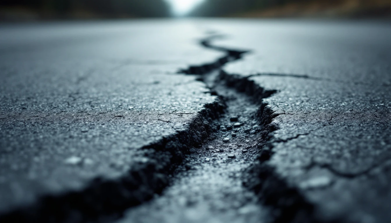 Deep plow gouges and chipped edges on a gray asphalt drive