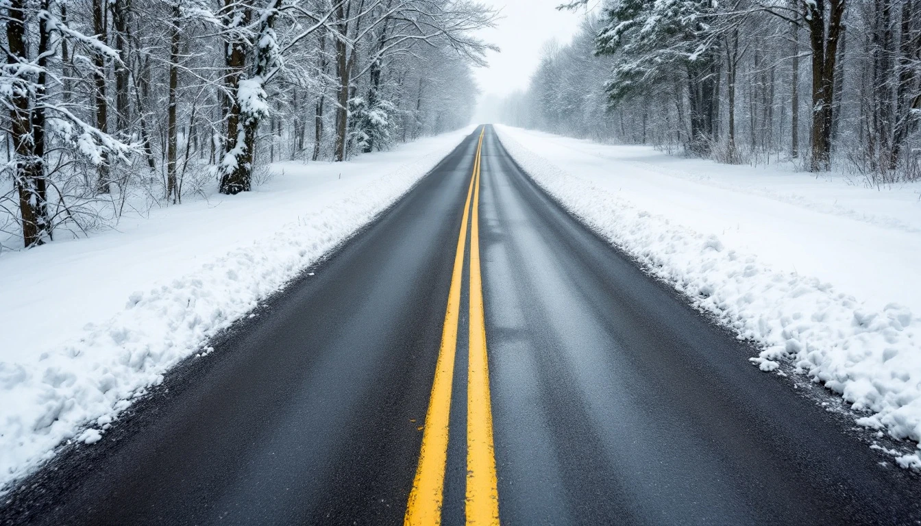 Plowed snow banks edging a sealed asphalt lane under gray skies