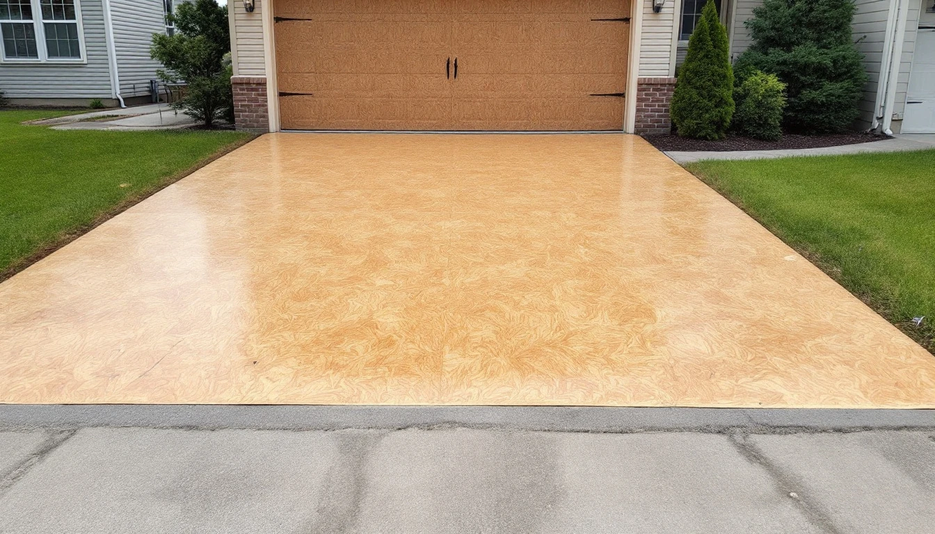 Plywood sheets laid over a concrete drive to shield the surface