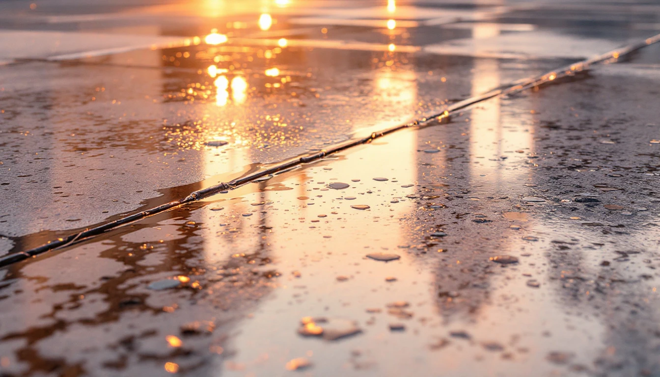Glossy polished concrete surface reflecting warm low sunlight