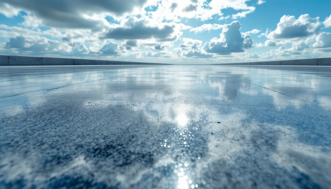 Polished concrete slab reflecting clouds across a smooth ground surface