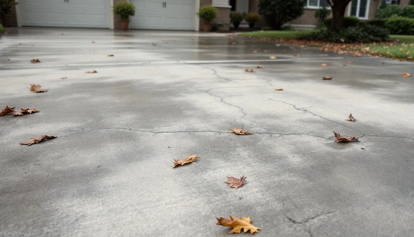 Weathered concrete driveway with faint cracks and leaf litter