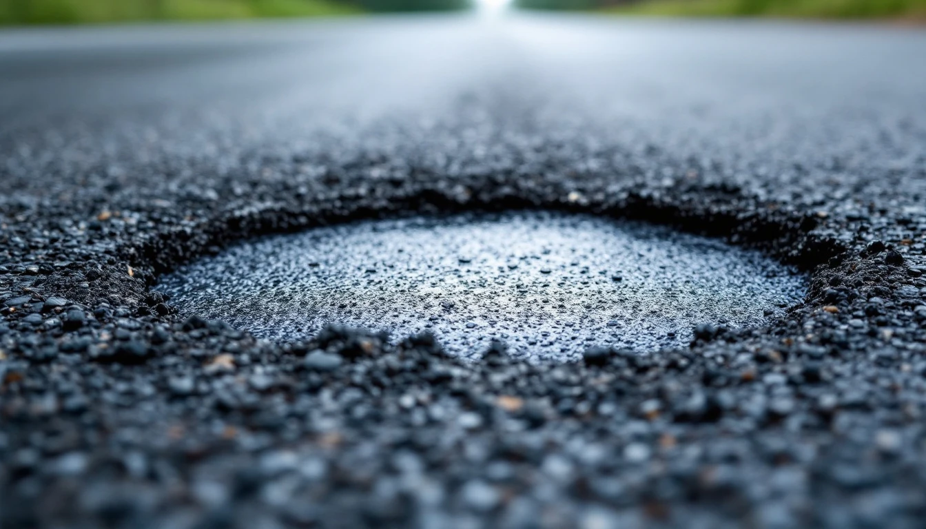 Asphalt pothole filled with fresh patch material beside crumbling edges