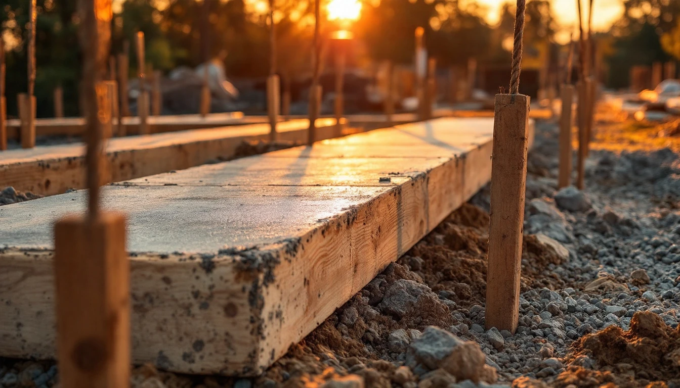 Wooden forms staked along a compacted gravel base in early light