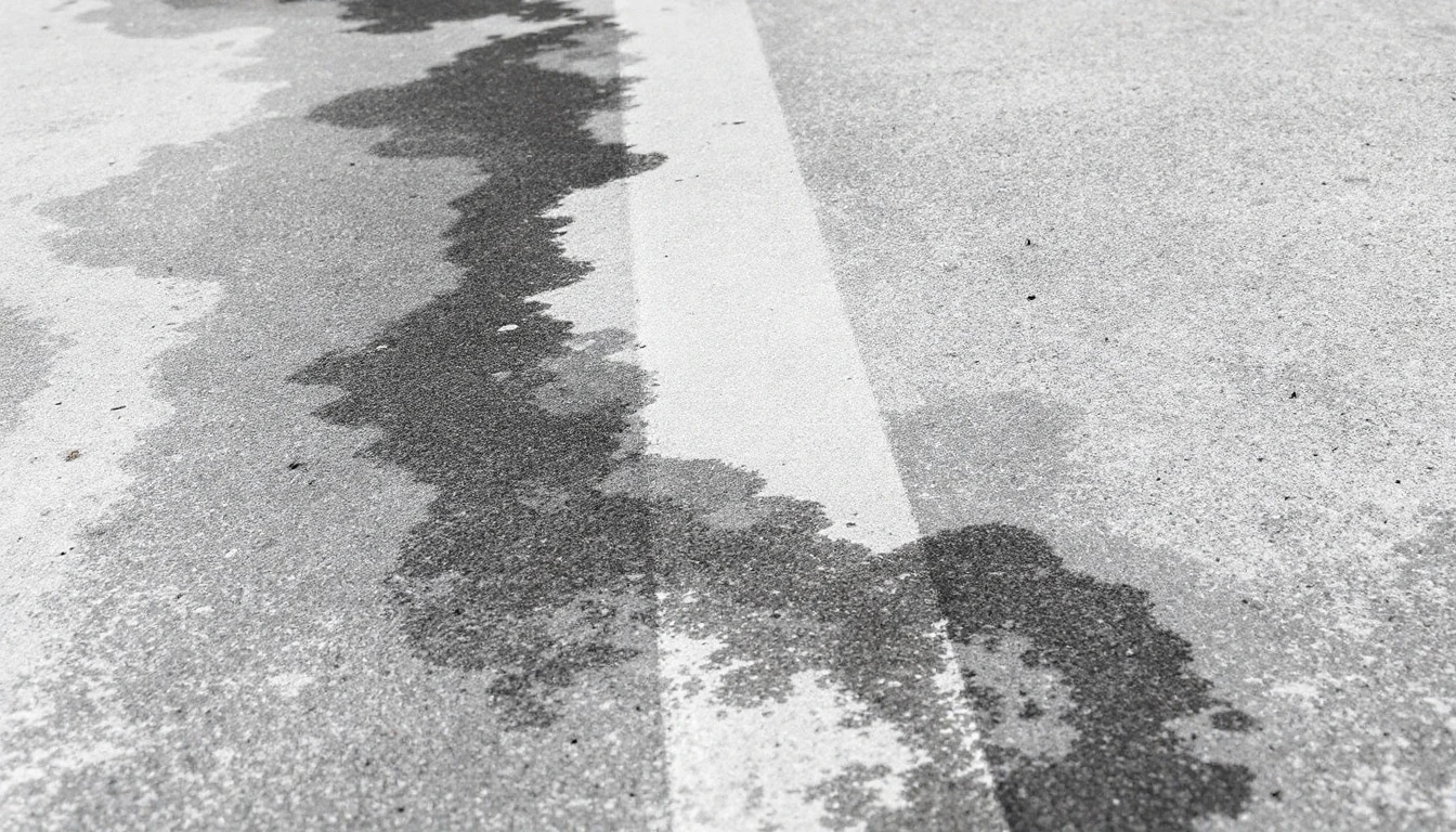 Clean pressure washed stripe cutting across stained gray concrete surface