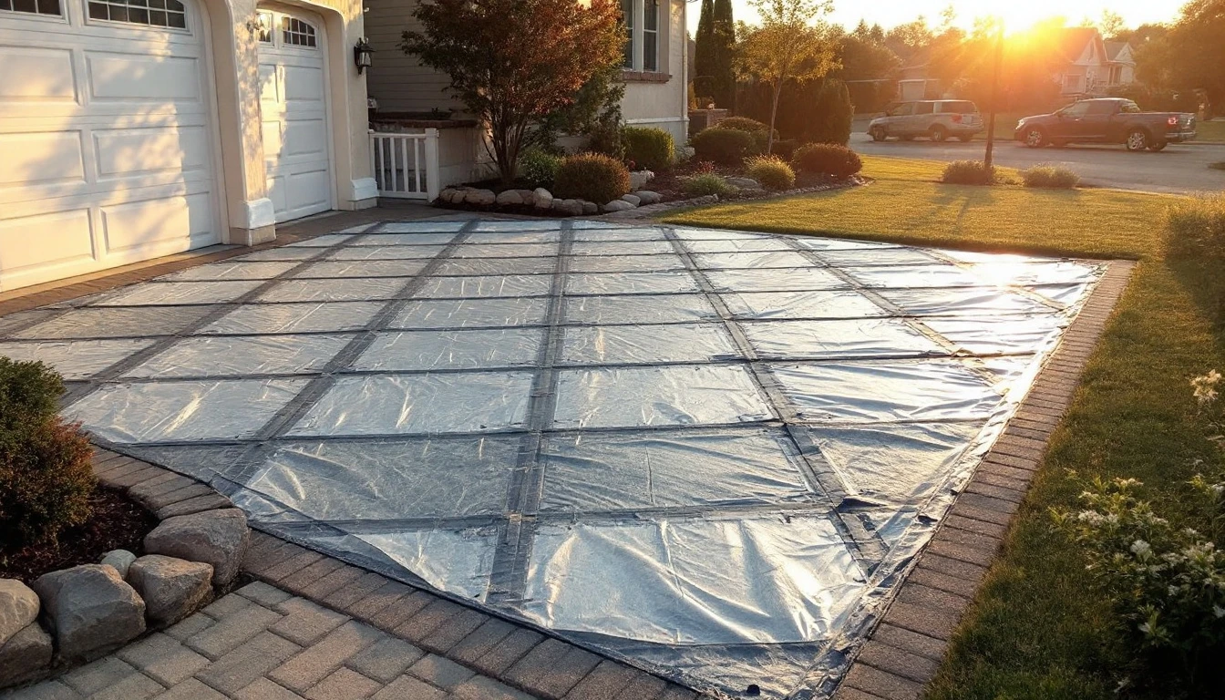 Temporary protective mats laid across a sealed paver drive